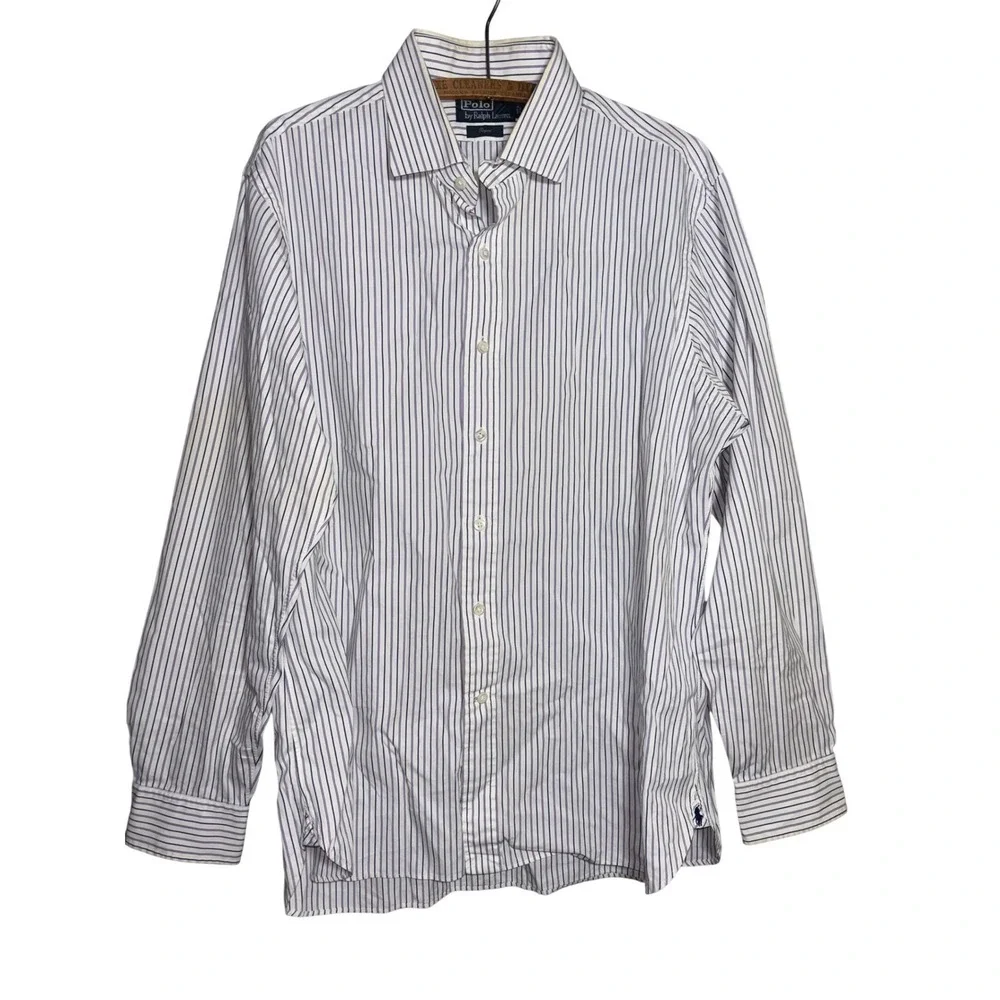 Polo Ralph Lauren Regent Dress Shirt Mens 17 43 Striped Purple Blue‎ Cotton READ